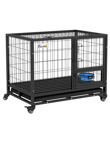 PawHut Heavy Duty Dog Crate on Wheels w/ Bowl Holder, Removable Tray, Openable Top, Detachable Door, for M, L Dogs