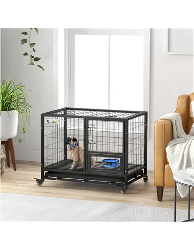 PawHut Heavy Duty Dog Crate on Wheels w/ Bowl Holder, Removable Tray, Openable Top, Detachable Door, for M, L Dogs