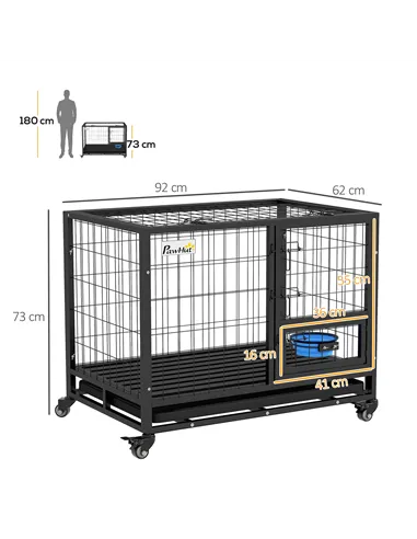 PawHut Heavy Duty Dog Crate on Wheels w/ Bowl Holder, Removable Tray, Openable Top, Detachable Door, for M, L Dogs