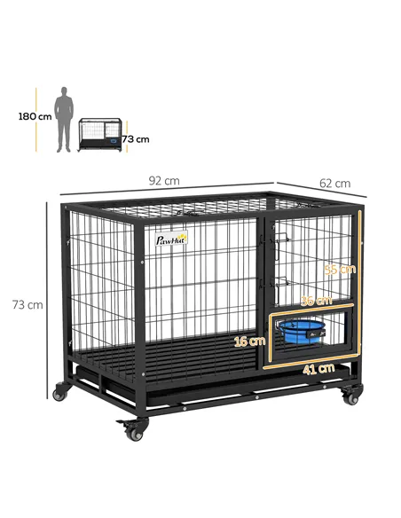 PawHut Heavy Duty Dog Crate on Wheels w/ Bowl Holder, Removable Tray, Openable Top, Detachable Door, for M, L Dogs