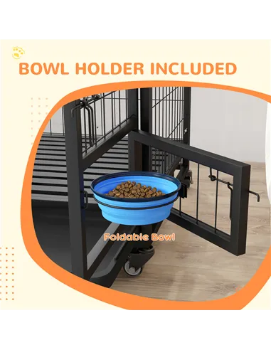 PawHut Heavy Duty Dog Crate on Wheels w/ Bowl Holder, Removable Tray, Openable Top, Detachable Door, for M, L Dogs