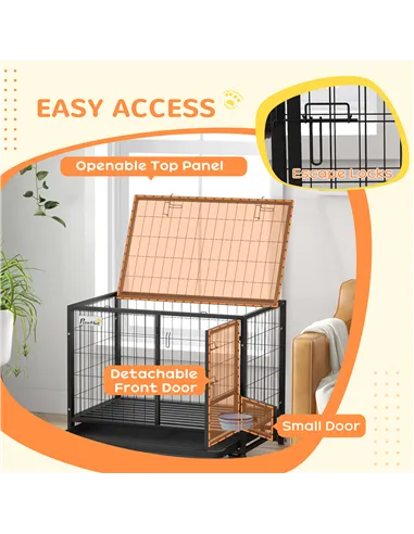 PawHut Heavy Duty Dog Crate on Wheels w/ Bowl Holder, Removable Tray, Openable Top, Detachable Door, for M, L Dogs