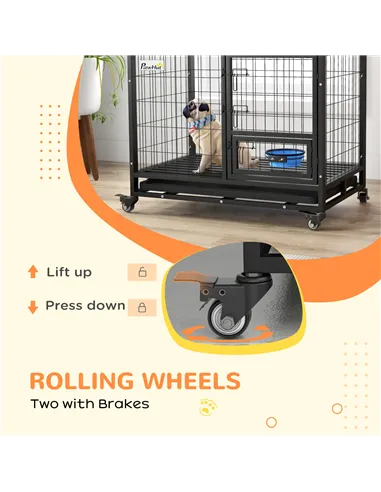 PawHut Heavy Duty Dog Crate on Wheels w/ Bowl Holder, Removable Tray, Openable Top, Detachable Door, for M, L Dogs