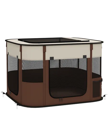 PawHut Foldable Dog Pen with Storage Bag for Indoor/Outdoor Use, Portable Pet playpen, with Ground Stakes - Brown