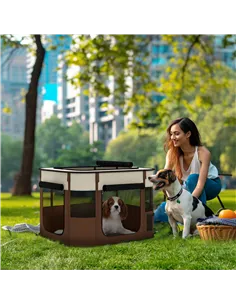 PawHut Foldable Dog Pen with Storage Bag for Indoor/Outdoor Use, Portable Pet playpen, with Ground Stakes - Brown 2