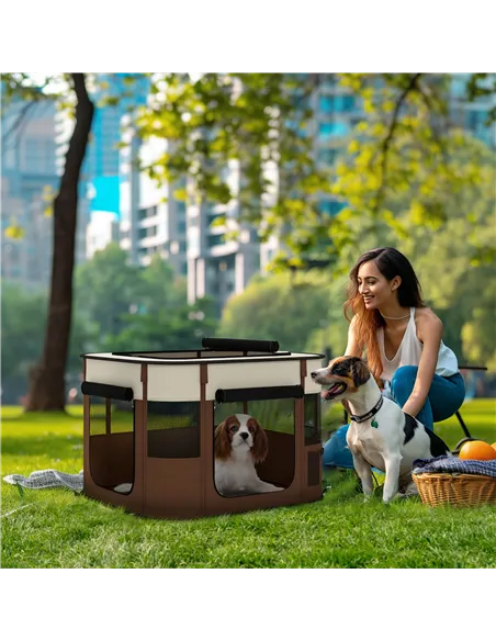 PawHut Foldable Dog Pen with Storage Bag for Indoor/Outdoor Use, Portable Pet playpen, with Ground Stakes - Brown