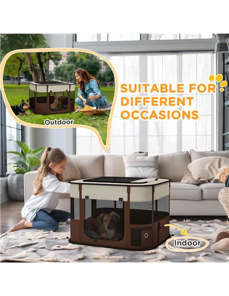 PawHut Foldable Dog Pen with Storage Bag for Indoor/Outdoor Use, Portable Pet playpen, with Ground Stakes - Brown