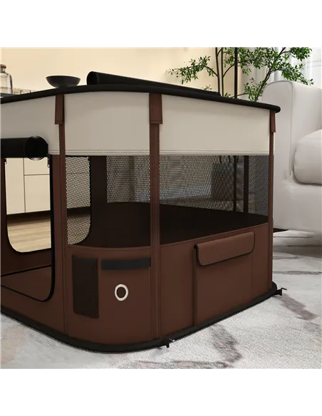 PawHut Foldable Dog Pen with Storage Bag for Indoor/Outdoor Use, Portable Pet playpen, with Ground Stakes - Brown