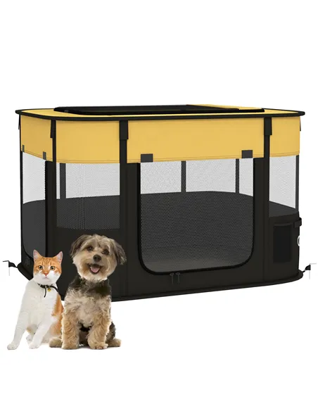 PawHut Foldable Dog Pen with Storage Bag for Indoor/Outdoor Use, Portable Pet playpen, with Ground Stakes - Yellow