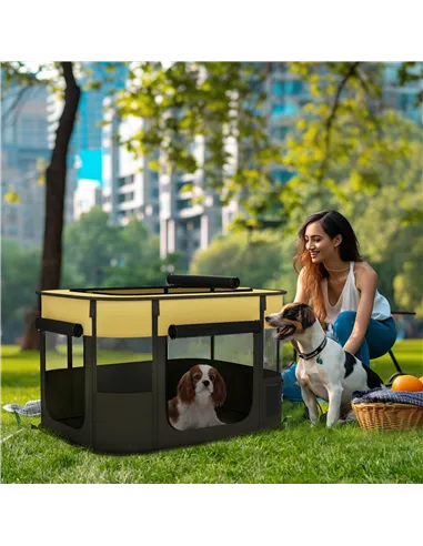 PawHut Foldable Dog Pen with Storage Bag for Indoor/Outdoor Use, Portable Pet playpen, with Ground Stakes - Yellow