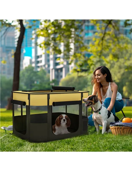 PawHut Foldable Dog Pen with Storage Bag for Indoor/Outdoor Use, Portable Pet playpen, with Ground Stakes - Yellow