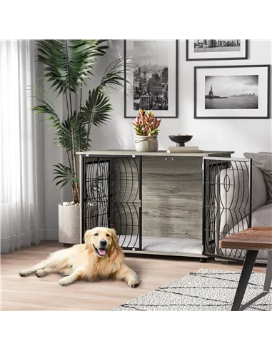 PawHut Dog Crate Furniture End Table w/ Plush Washable Cushion, Lockable Door, for Large Dogs