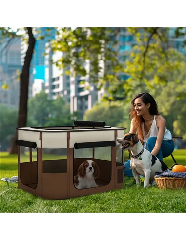 PawHut Foldable Dog Pen with Storage Bag for Indoor/Outdoor Use, Portable Pet playpen, with Ground Stakes - Brown
