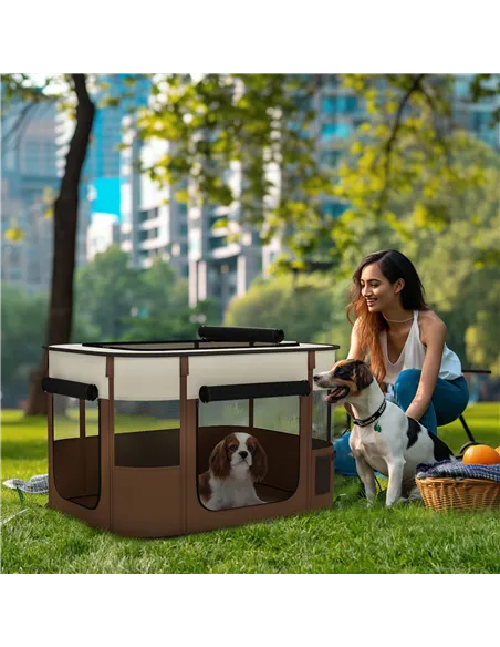 PawHut Foldable Dog Pen with Storage Bag for Indoor/Outdoor Use, Portable Pet playpen, with Ground Stakes - Brown