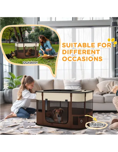 PawHut Foldable Dog Pen with Storage Bag for Indoor/Outdoor Use, Portable Pet playpen, with Ground Stakes - Brown