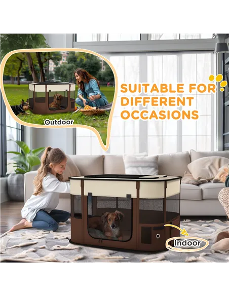 PawHut Foldable Dog Pen with Storage Bag for Indoor/Outdoor Use, Portable Pet playpen, with Ground Stakes - Brown