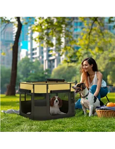 PawHut Foldable Dog Pen with Storage Bag for Indoor/Outdoor Use, Portable Pet playpen, with Ground Stakes - Yellow 2