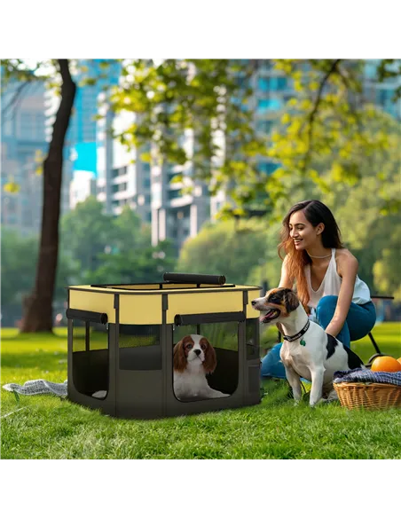PawHut Foldable Dog Pen with Storage Bag for Indoor/Outdoor Use, Portable Pet playpen, with Ground Stakes - Yellow