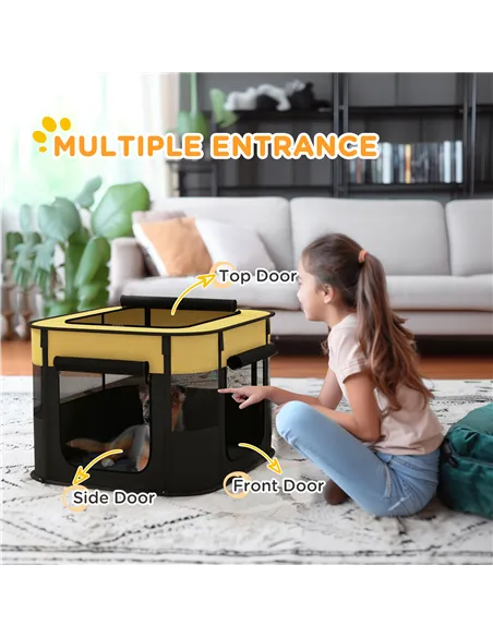 PawHut Foldable Dog Pen with Storage Bag for Indoor/Outdoor Use, Portable Pet playpen, with Ground Stakes - Yellow