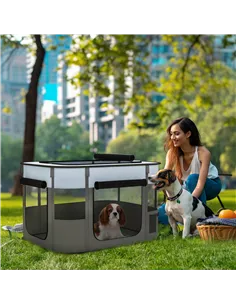 PawHut Foldable Dog Pen with Storage Bag for Indoor/Outdoor Use, Portable Pet playpen, with Ground Stakes - Grey 2