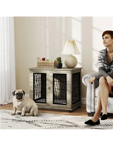 PawHut Indoor Dog Crate Furniture End Table with Soft Washable Cushion, Lockable Front Door, for Medium Dogs - Black