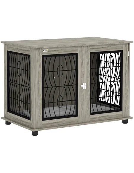 PawHut Indoor Dog Crate Furniture End Table with Soft Washable Cushion, Lockable Front Door, for Large Dogs - Grey