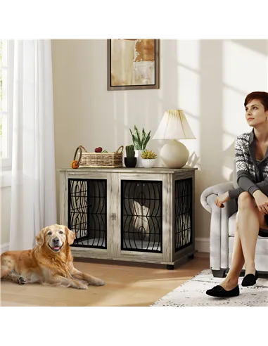 PawHut Indoor Dog Crate Furniture End Table with Soft Washable Cushion, Lockable Front Door, for Large Dogs - Grey