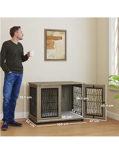 PawHut Indoor Dog Crate Furniture End Table with Soft Washable Cushion, Lockable Front Door, for Large Dogs - Grey