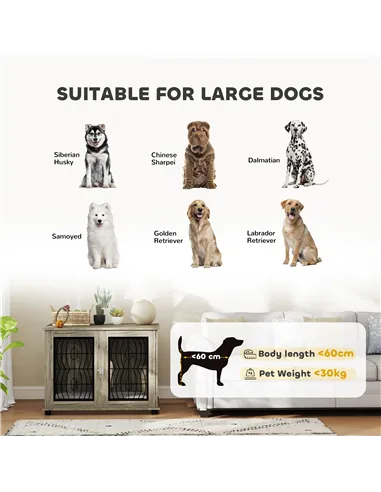 PawHut Indoor Dog Crate Furniture End Table with Soft Washable Cushion, Lockable Front Door, for Large Dogs - Grey