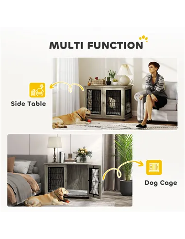 PawHut Indoor Dog Crate Furniture End Table with Soft Washable Cushion, Lockable Front Door, for Large Dogs - Grey