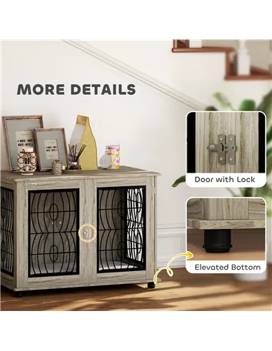 PawHut Indoor Dog Crate Furniture End Table with Soft Washable Cushion, Lockable Front Door, for Large Dogs - Grey