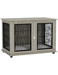 PawHut Indoor Dog Crate Furniture End Table with Soft Washable Cushion, Lockable Front Door, for Extra Large Dogs - Grey