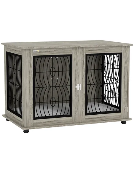 PawHut Indoor Dog Crate Furniture End Table with Soft Washable Cushion, Lockable Front Door, for Extra Large Dogs - Grey