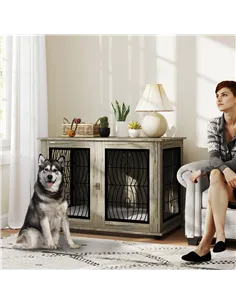 PawHut Indoor Dog Crate Furniture End Table with Soft Washable Cushion, Lockable Front Door, for Extra Large Dogs - Grey 2
