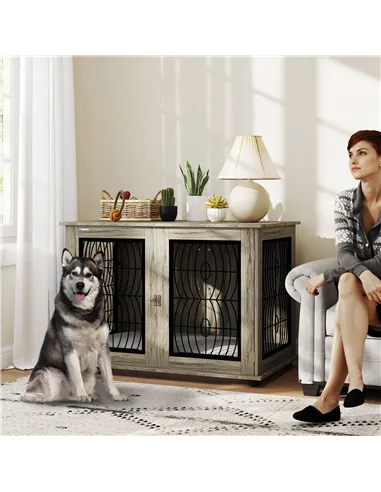 PawHut Indoor Dog Crate Furniture End Table with Soft Washable Cushion, Lockable Front Door, for Extra Large Dogs - Grey