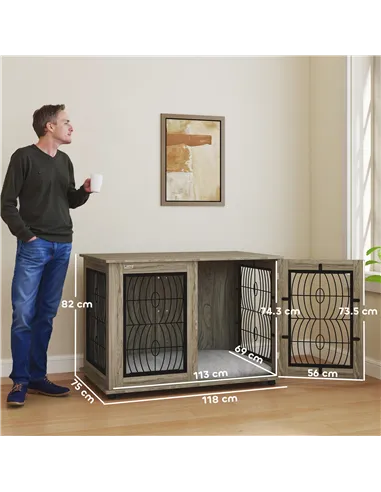 PawHut Indoor Dog Crate Furniture End Table with Soft Washable Cushion, Lockable Front Door, for Extra Large Dogs - Grey