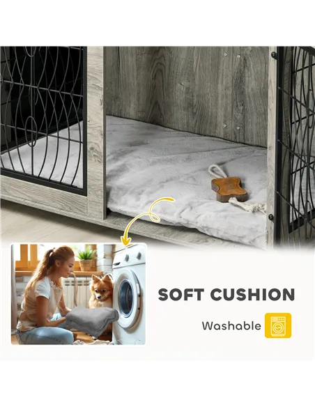 PawHut Indoor Dog Crate Furniture End Table with Soft Washable Cushion, Lockable Front Door, for Extra Large Dogs - Grey