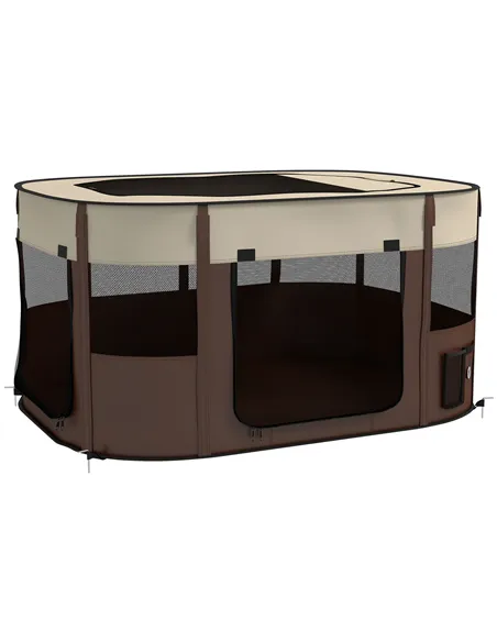 PawHut Foldable Dog Pen with Storage Bag for Indoor/Outdoor Use, Portable Pet playpen, with Ground Stakes - Brown
