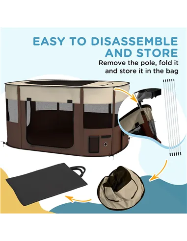PawHut Foldable Dog Pen with Storage Bag for Indoor/Outdoor Use, Portable Pet playpen, with Ground Stakes - Brown