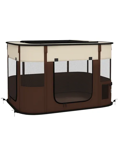 PawHut Foldable Dog Pen with Storage Bag for Indoor/Outdoor Use, Portable Pet playpen, with Ground Stakes - Brown