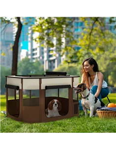 PawHut Foldable Dog Pen with Storage Bag for Indoor/Outdoor Use, Portable Pet playpen, with Ground Stakes - Brown 2