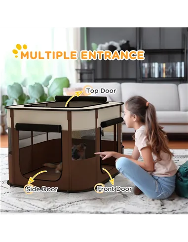 PawHut Foldable Dog Pen with Storage Bag for Indoor/Outdoor Use, Portable Pet playpen, with Ground Stakes - Brown