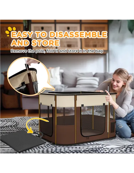 PawHut Foldable Dog Pen with Storage Bag for Indoor/Outdoor Use, Portable Pet playpen, with Ground Stakes - Brown