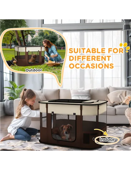 PawHut Foldable Dog Pen with Storage Bag for Indoor/Outdoor Use, Portable Pet playpen, with Ground Stakes - Brown