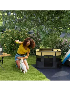 PawHut Foldable Dog Pen with Storage Bag for Indoor/Outdoor Use, Portable Pet playpen, with Ground Stakes - Yellow 2
