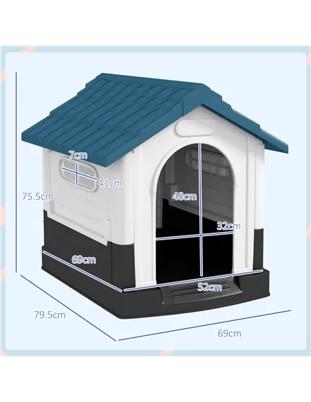 PawHut Plastic Dog Kennel with Windows, for Garden Patio, Miniature and Small Dogs, 80 x 69 x 76cm - Blue