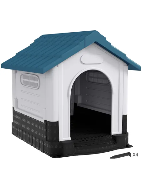PawHut Plastic Dog Kennel with Windows, for Garden Patio, Medium and Large Dogs, 101 x 88 x 99cm - Blue