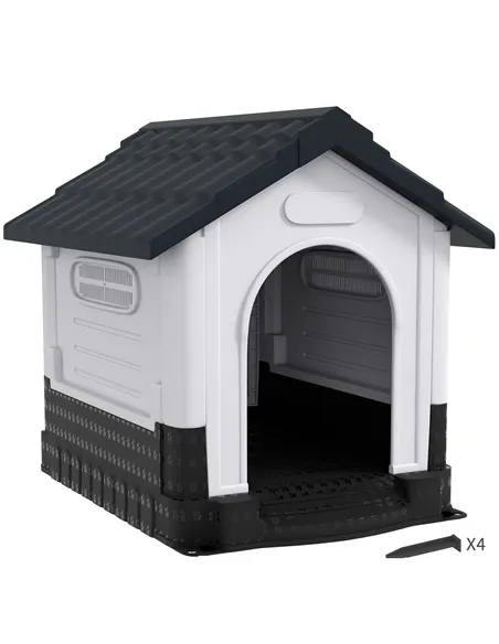 PawHut Plastic Dog Kennel with Windows, for Garden Patio, Medium and Large Dogs, 101 x 88 x 99cm - Grey
