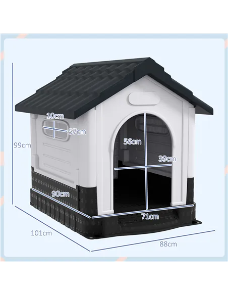 PawHut Plastic Dog Kennel with Windows, for Garden Patio, Medium and Large Dogs, 101 x 88 x 99cm - Grey