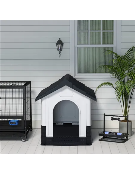 PawHut Plastic Dog Kennel with Windows, for Garden Patio, Medium and Large Dogs, 101 x 88 x 99cm - Grey